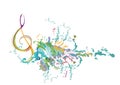 Abstract musical design with a treble clef and colorful splashes, notes and waves.  Colorful treble clef. Royalty Free Stock Photo